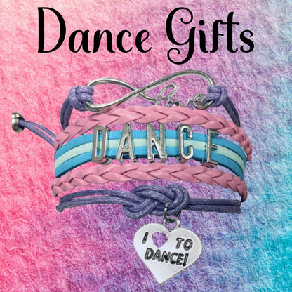 Sportybella Dance Accessories – Love Infinity Bracelet for Girls, Teens – Adjustable Pink, Purple, Teal, and Light Blue Braided Leather with Dance Letter Bar and Heart Charm – Gift for Dancers