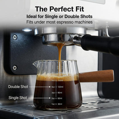 6 oz Espresso Cups With Wood Handle, Espresso Accessories, Ribbed Milk Frothing Pitcher, Glass Measuring Cup, Shot Glass with V-Shaped Mouth, Coffee Bar Epresso Shots Cup