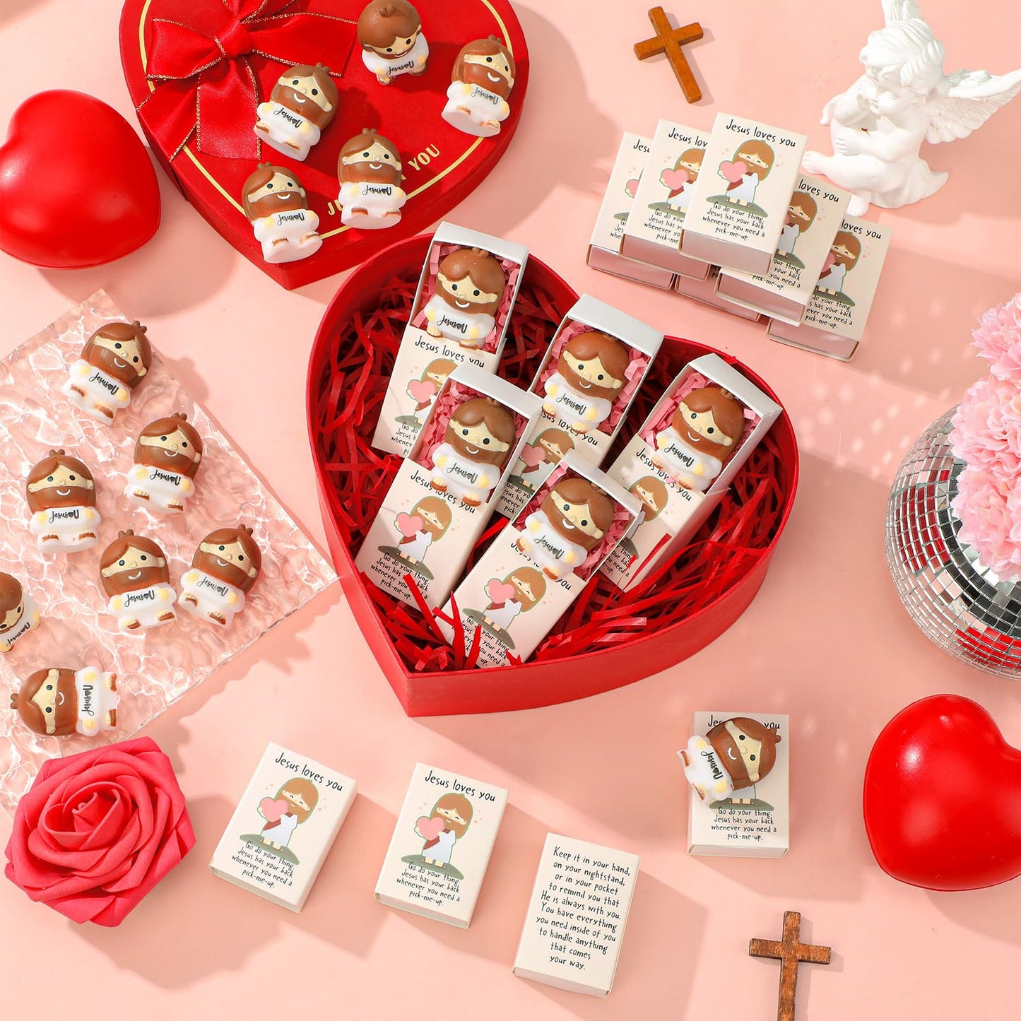 Wettarn 30 Sets Jesus Loves You Gifts Jesus Figures Stress Balls with Support Boxes for Christian Religious Church Stuffers Faith Desk Decor Christmas Valentines Day Party Favors