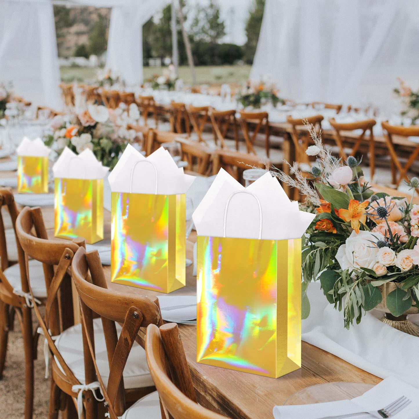 MIMIND 24 Pack Iridescent Paper Gift Bags with Handles Holographic Party Favor Bags with Tissue Paper 8.7 x 6.3 x 3.1 Inch Glitter Gold Foil Goodie Candy Bag for Wedding Baby Shower Birthday Party