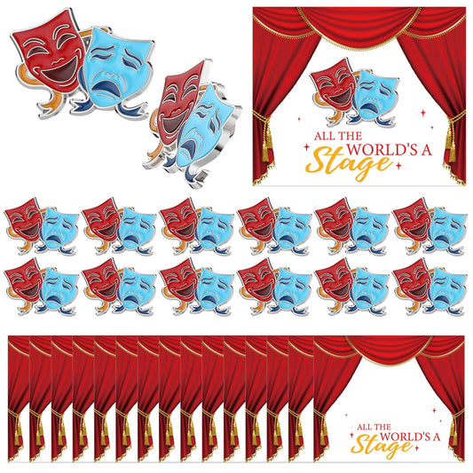 Huquary 36 Pcs Theater Gifts Drama Masks Pins with 36 Pcs Greeting Cards Comedy Tragedy Masks Hat Pin Performance Award Theater Lapel Badge for Drama Students Reward