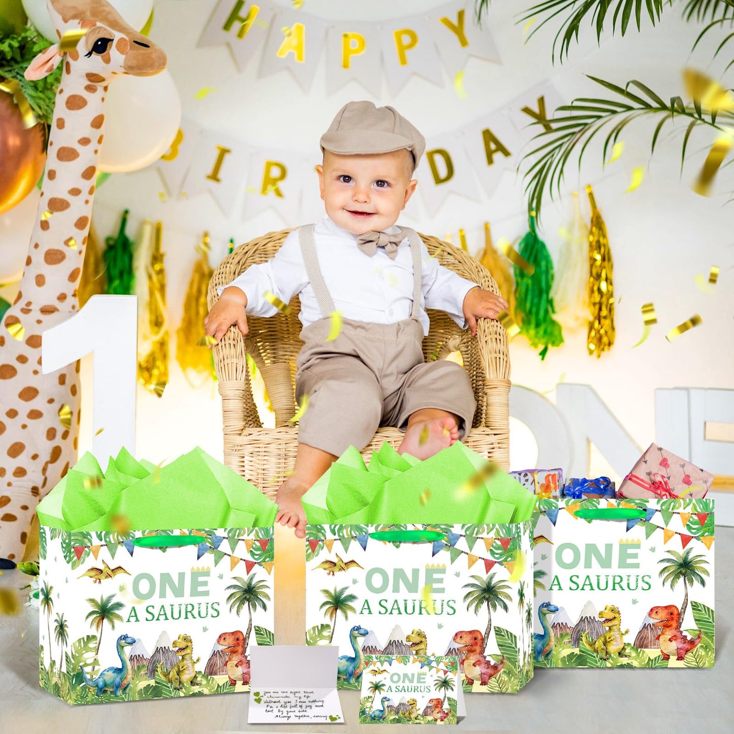 Woosytoo Baby Boys 1st Birthday Gift Bag One a Saurus Decorations Dinosaur First Birthday Gift Wrapping Paper Bag with Tissue Paper for Dino One Years Old Party Favor Supplies