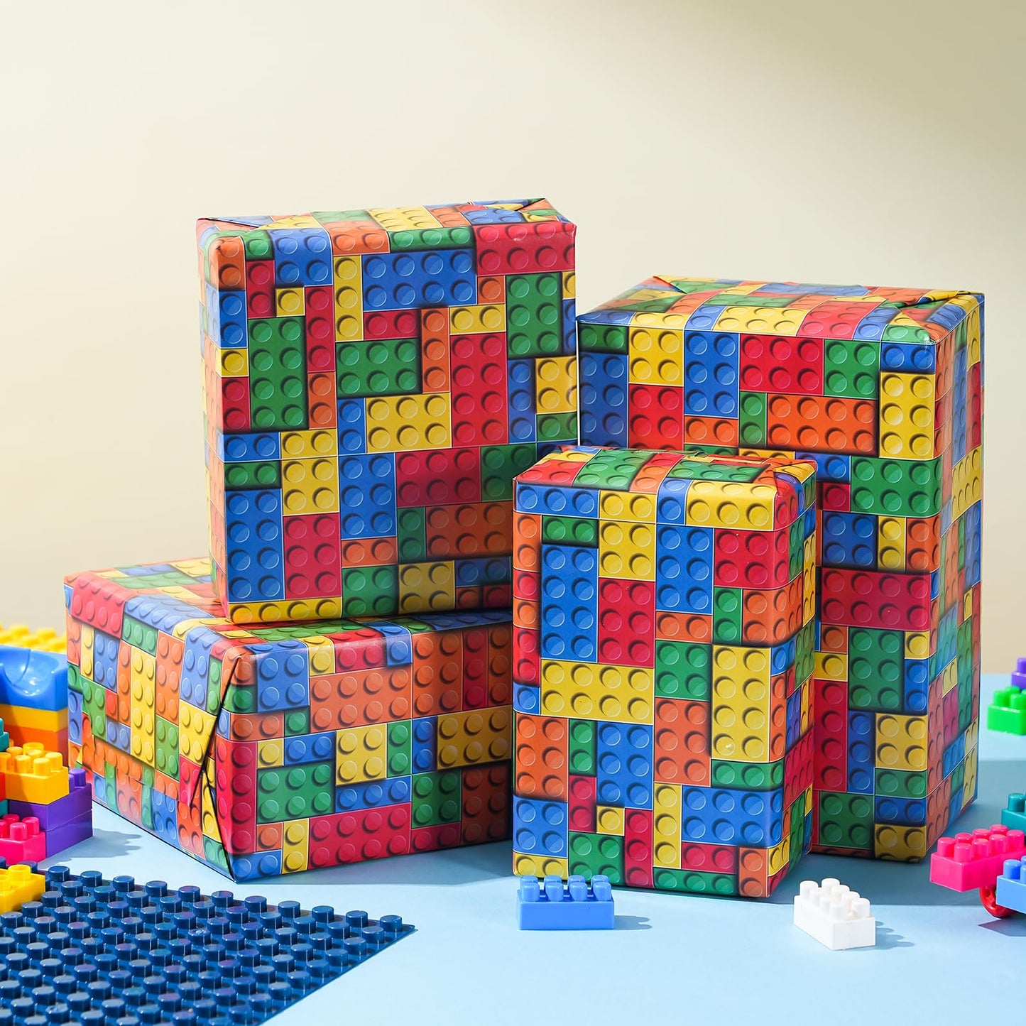 PlandRichW Building Blocks Wrapping Paper for Boys Girls - 4 Large Folded Sheets, 40"x 28" Colorful Building Bricks Design Gift Wrap for Kids Birthday, Toys, Baby Shower