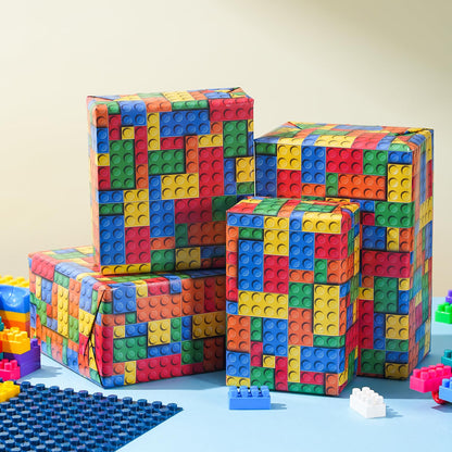 PlandRichW Building Blocks Wrapping Paper for Boys Girls - 4 Large Folded Sheets, 40"x 28" Colorful Building Bricks Design Gift Wrap for Kids Birthday, Toys, Baby Shower