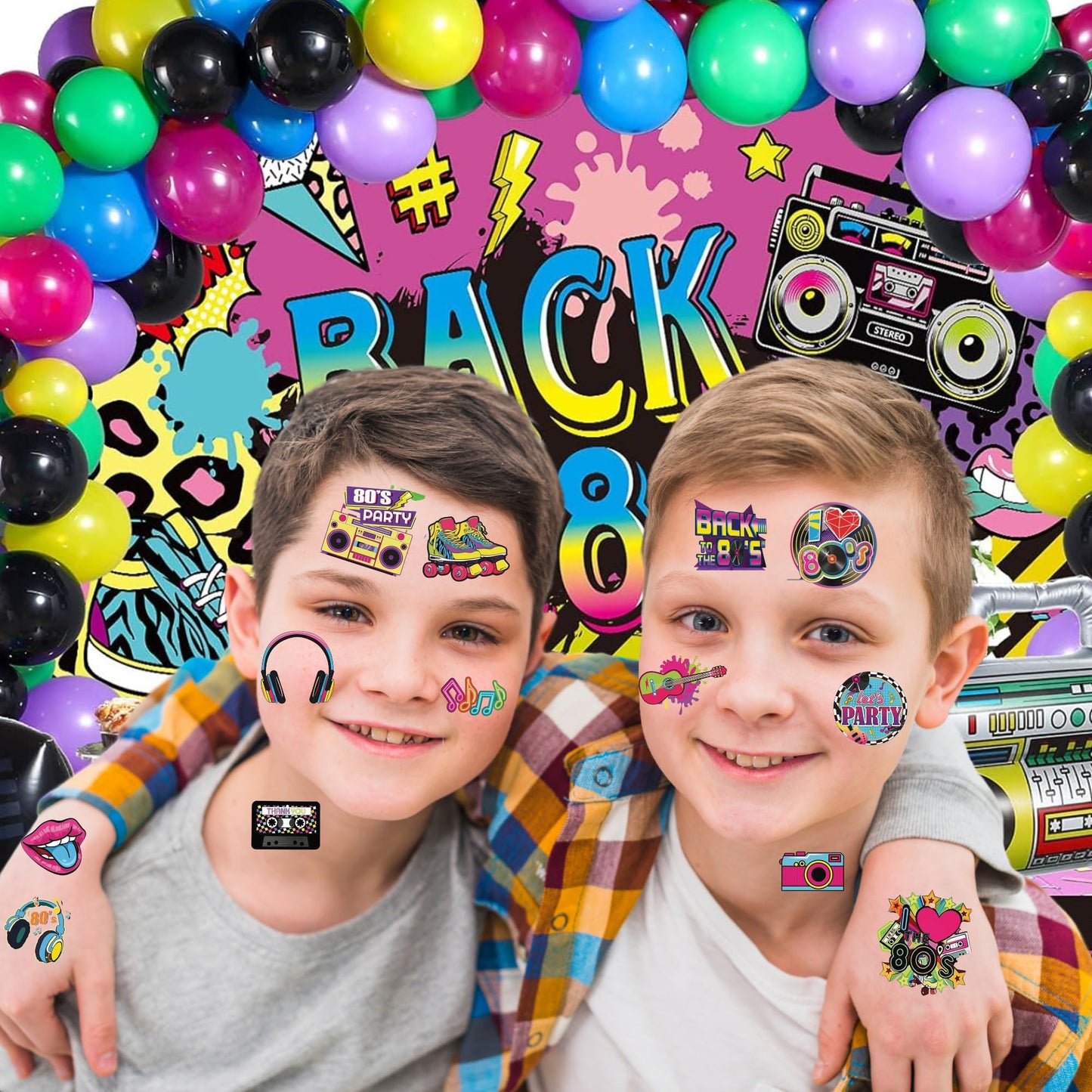 53 PCS 80s Temporary Tattoos, Retro 1980s Hip Hop Party Birthday Decorations Fake Game Console Recorder Tattoo Body Sticker for 80s Birthday Party Favors Supplies Kids Boys Girls Party Bag Filler