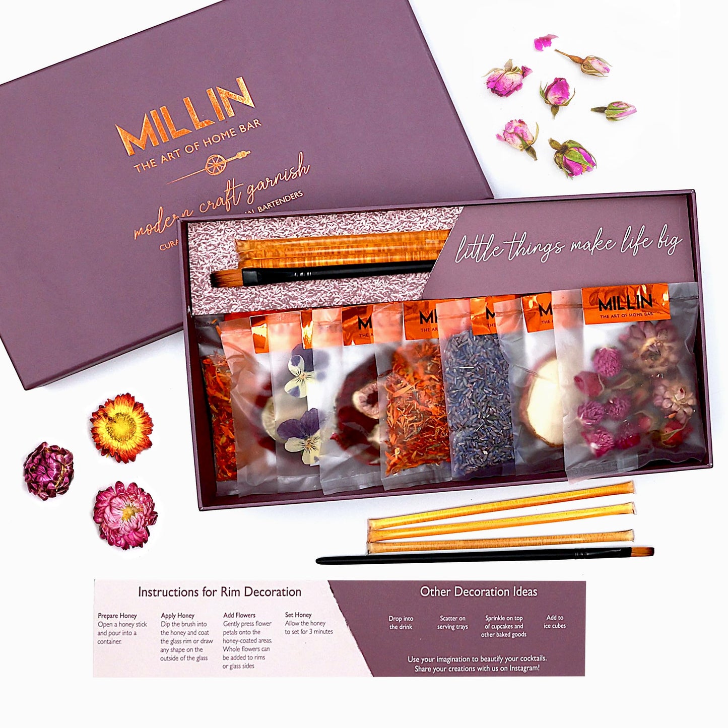 MILLIN Cocktail Garnish Gift Set – Edible Flowers & Dehydrated Fruits | Premium Bar Accessories | Unique Gift for Her | Holiday gifting