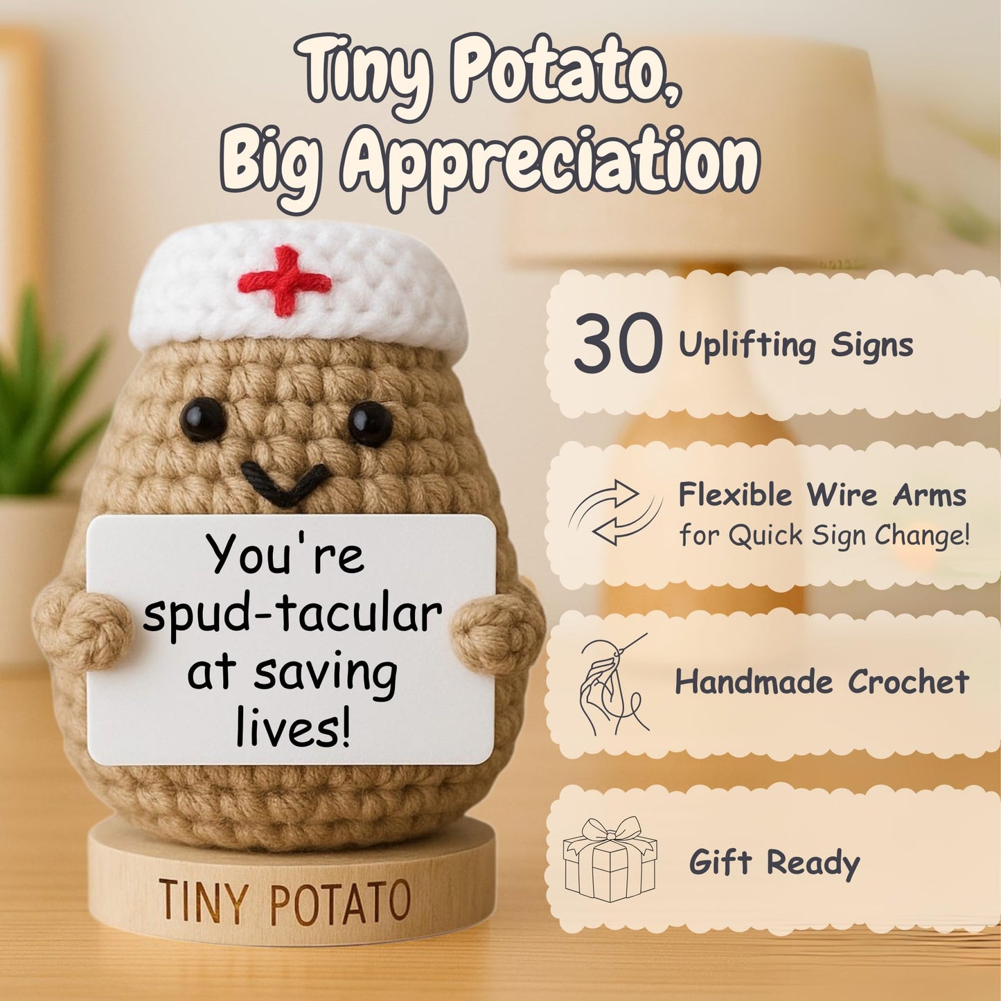 Doctor Gifts - Handmade Crochet Potato Doll with 30 Cute Appreciation Signs for Doctors - Funny Gift Idea for Women DR for Birthday, Mothers Day, Retirement - Bulk Staff Appreciation Thank You Present