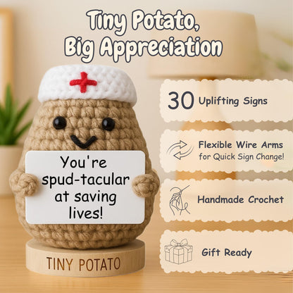 Doctor Gifts - Handmade Crochet Potato Doll with 30 Cute Appreciation Signs for Doctors - Funny Gift Idea for Women DR for Birthday, Mothers Day, Retirement - Bulk Staff Appreciation Thank You Present