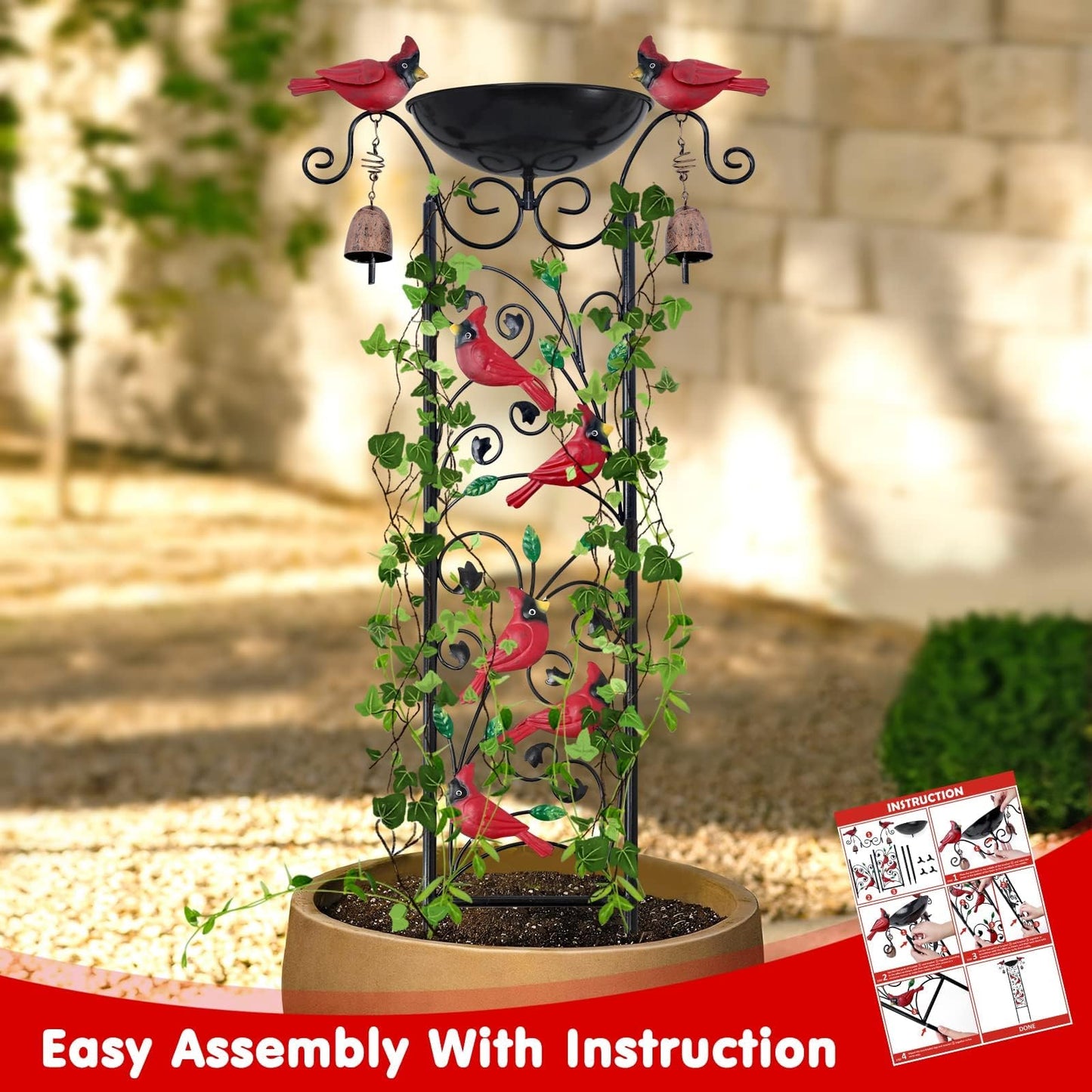 Cardinal Bird Bath Garden Trellis for Climbing Plants Outdoor Wind Chime Decor Red Birds Feeder Yard Sign Spring Lawn Decorations Housewarming Christmas Appear Memorial Gift for Bird Watcher Gardener