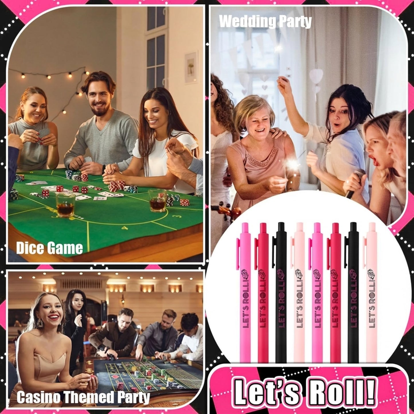 Sayglossy 25 Pcs Let's Roll Ballpoint Pens Gifts Bulk for Guests Women Dice Players Casino Themed Wedding Party Supplies Las Vegas Night Party Favors