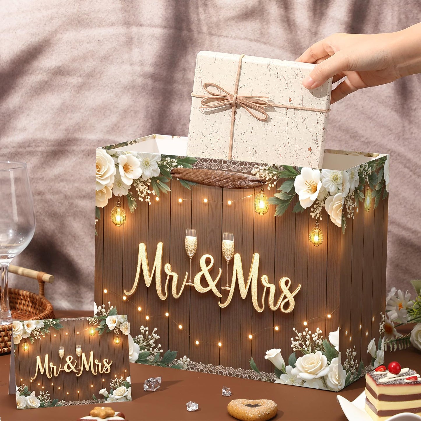 Wedding Gift Bags Mr and Mrs Engagement Gift Bags Elegant Bridal Shower Gifts Bag With Tissue Paper Greeting Card Wedding Wrapping Paper Party Favor Bag for Mr&Mrs Engagement Party Supplies Decor