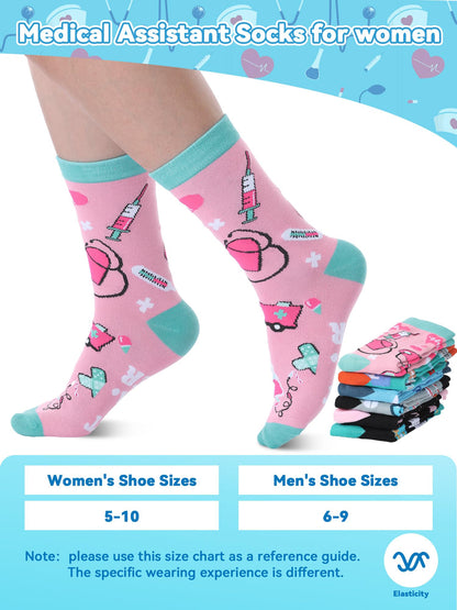 6 Pairs Medical Assistant Socks for Women Men Novelty MA Crew Socks Nurse Week MA Appreciation Gifts for Medical Assistant Healthcare Workers