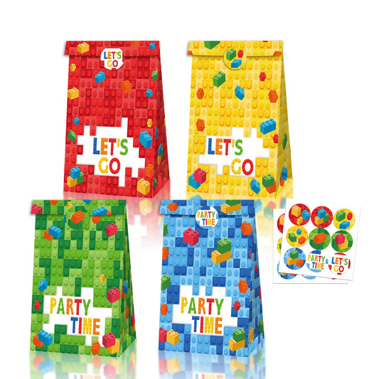 SunPhoenix 12 PCS Building Block Party Favor Bags Colors Building Brick Theme Gift Goodie Treat Bags with Handle Candy Cookie Boxes for Birthday Party Baby Shower Decoration Supplies