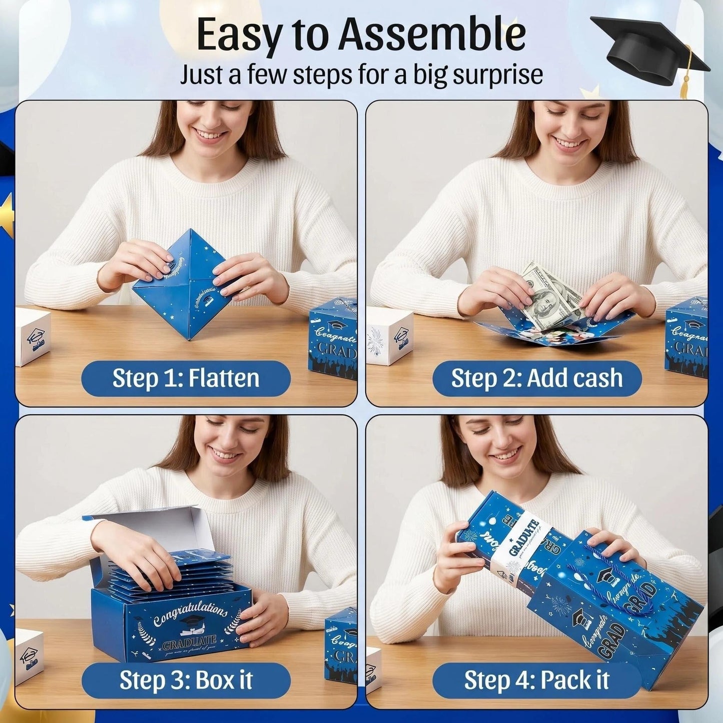 Graduation 2026 Money Explosion Gift Box Kit - Pop up Surprise Money Box with Confett, Graduation Money Holder Gift Card Box, Cash Gift Idea for Her, DIY Exploding Gift Box Party Supply (Blue 10boxes)