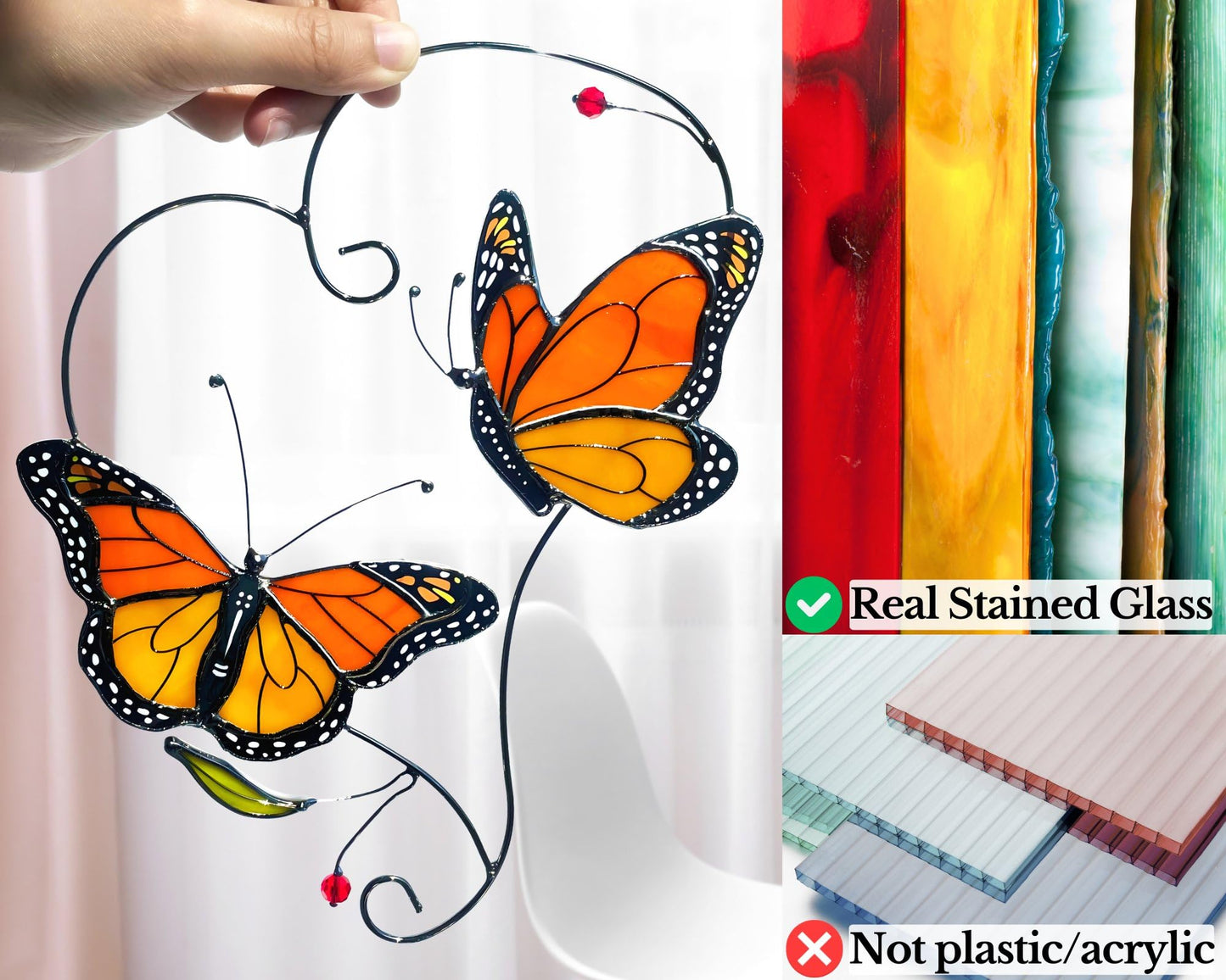 Monarch Butterfly Gifts for Grandma & Mom, Butterflies Suncatcher Stained Glass Window Hanging, Real Handmade Sun Catcher Indoor Window, Decorations in Garden Decor, Ornament for Mother