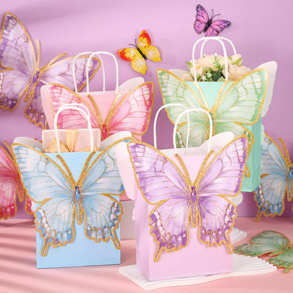 Booson 24 PCS Butterfly Paper Party Bags with Twisted Handles Blue Pink Purple Green Party Favor Bag with Adhesive Dots Paper Treat Candy Goodie Bags for Birthday Bridal Showers Decoration Supplies
