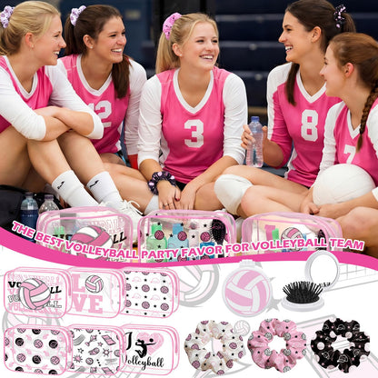 36 Pcs Pink Volleyball Gifts for Girl 12 Pink Volleyball Makeup Bag Bulk Cosmetic Bag Sport Team Gifts with 12 Sport Hair Scrunchies 12 Round Portable Folding Brush Mirror for Team Party