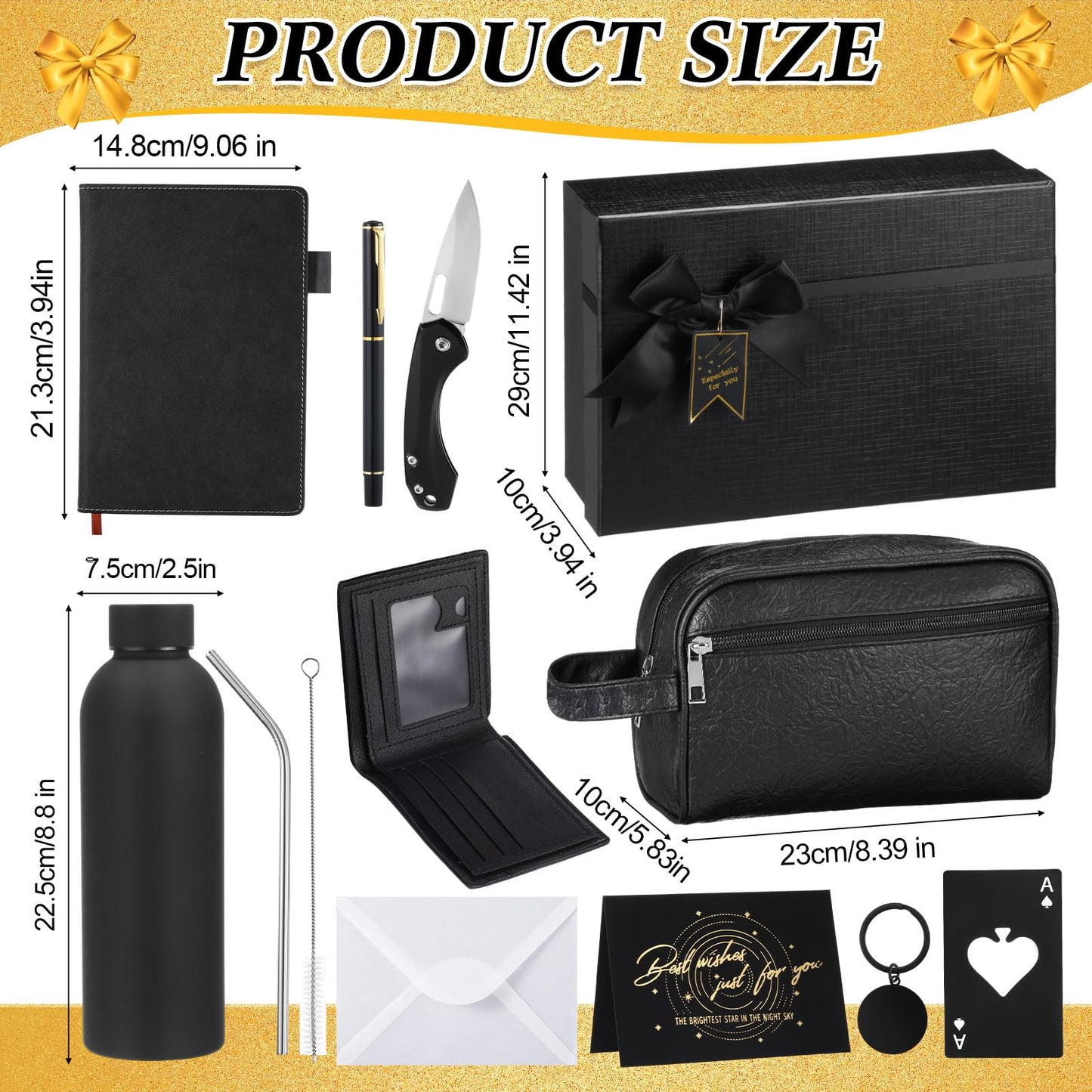 Mimorou 13 Pcs Gift Sets for Men, Thank You Gift Baskets 16.9 oz Sports Water Bottle & Leather Toiletry Bag with Wallet Knife, Birthday Fathers Day Care Package for Dad, Husband