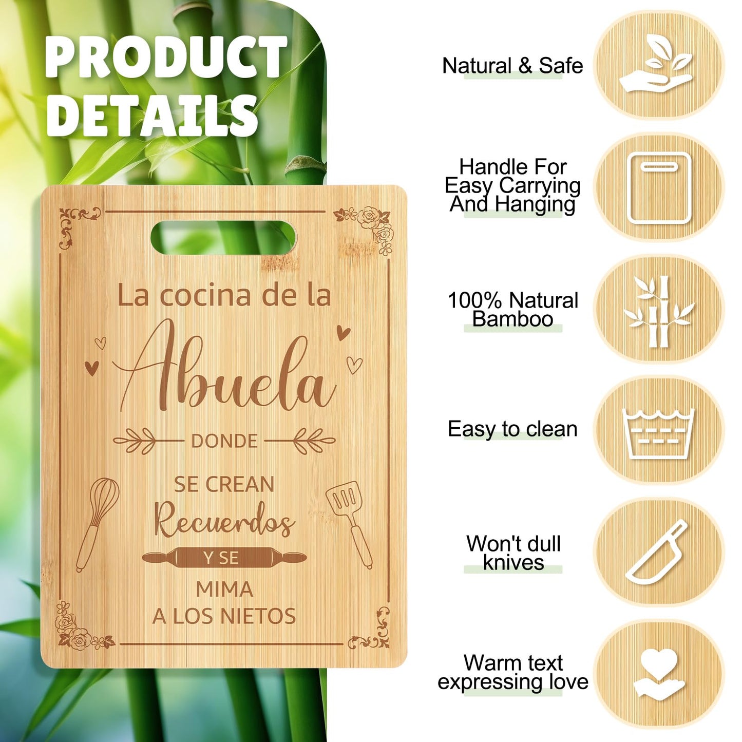 Maxdot 4 Pieces Mother's Day Spanish Gifts for Abuela Laser Engraved Bamboo Cutting Board Engraved Bamboo Cooking Board Gift Set for Grandma Mom from Daughter Grandchildren