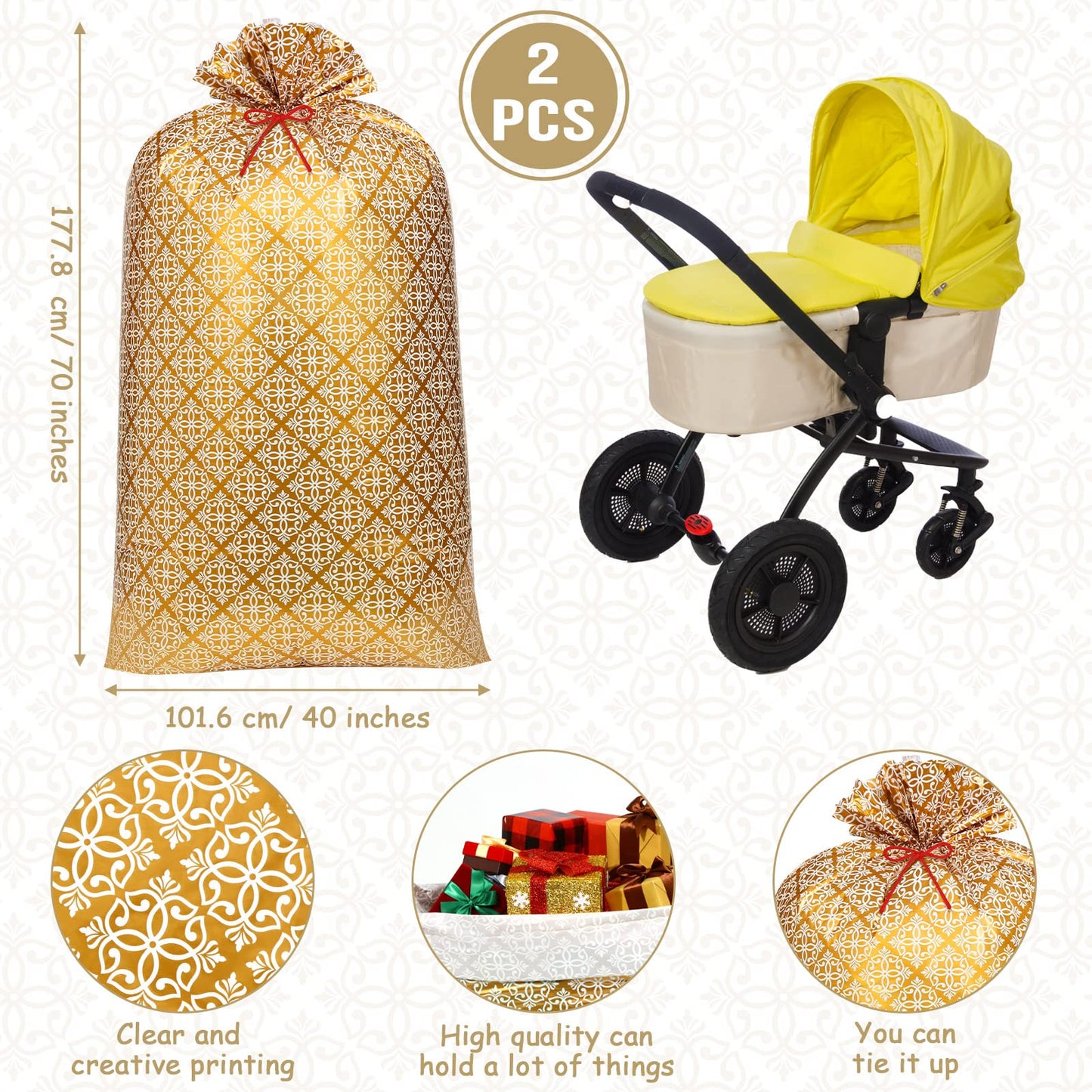 Leinuosen 2 Pcs 70 Inches Jumbo Gift Bag Large Golden Plastic Gift Bag Extra Large Wedding Bag Oversized Gift Bags with Ropes for Bachelorette Parties Bridal Showers Baby Shower (Texture)
