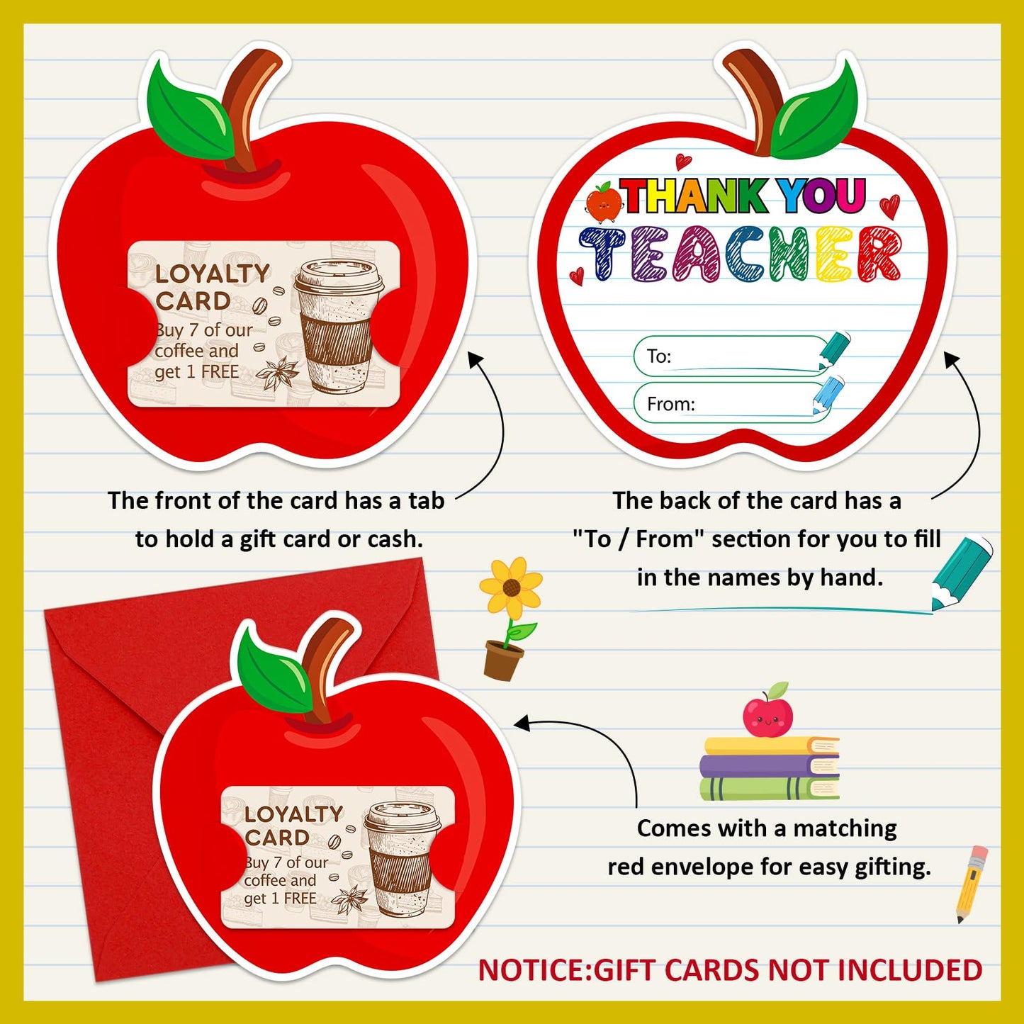8 Pack Teacher Appreciation Gift Card Holder - Thank You Teacher Apple Gift Card Holder Money and Gift Card Sleeves End of Year Retirement Gifts for Women Men