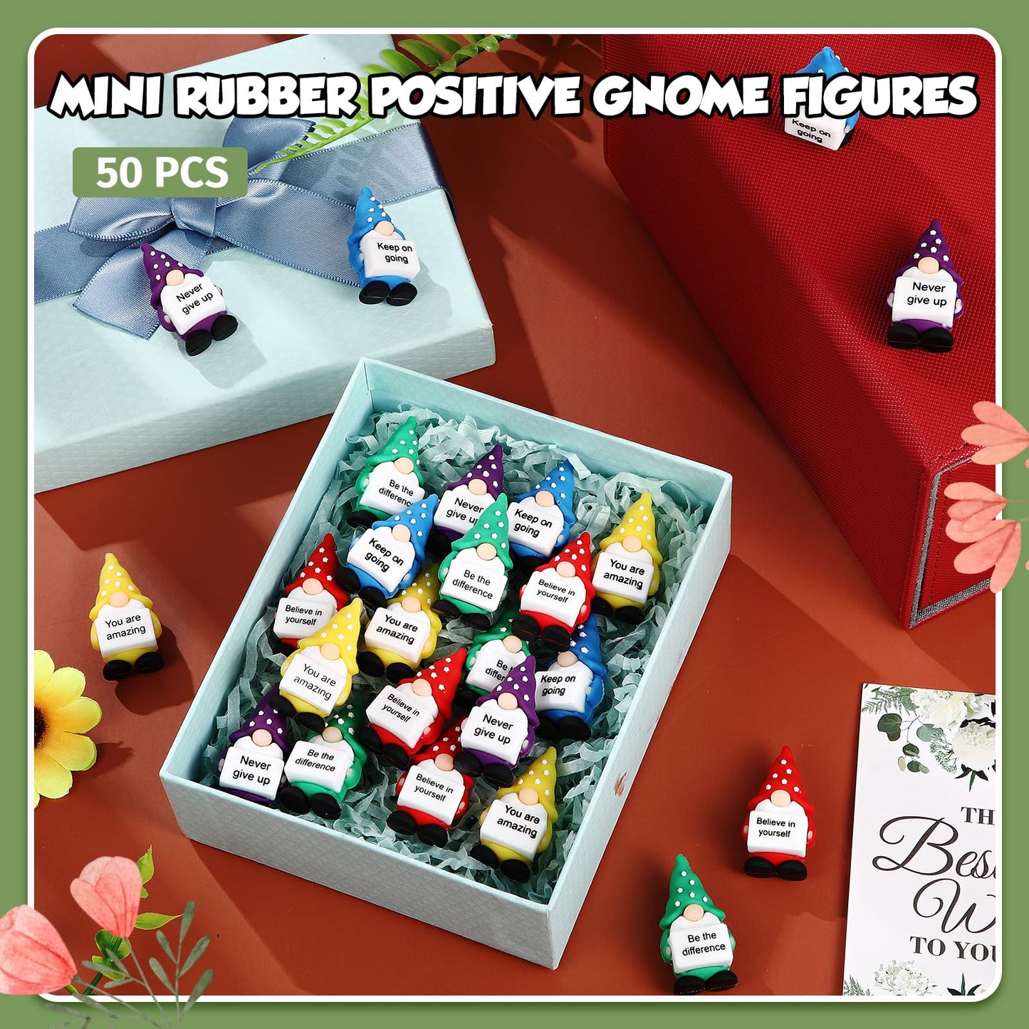 Gejoy 50 Pcs Mini Rubber Gnome Toys Positive Mini Gnomes Figures to Hide Emotional Uplifting Gifts Decorations and Encouragement Motivational Gifts for Colleague Staff Teacher