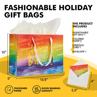 RACETOP 13" Large Happy Birthday Gift Bag with Handle, Tissue Paper and Card, Birthday Bags for Boys, Girls, Men, Women, Party