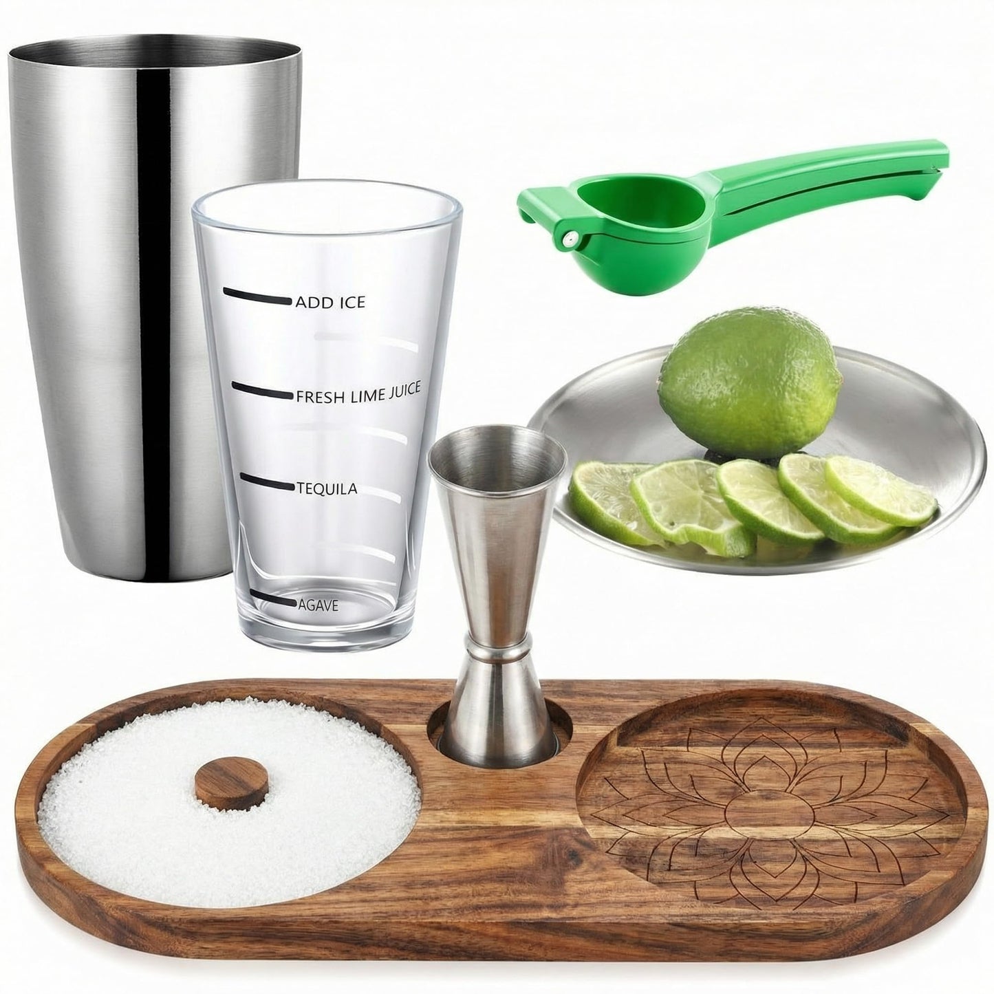 Mifoci 6 Pcs Margarita Gift Set, Acacia Wood Salt and Sugar Rimmer Tray for up to 5.1" Rims, Stainless Steel Shaker, Jigger, Measuring Glass, Citrus Squeezer, Cocktail Kit for Home Bar Accessories