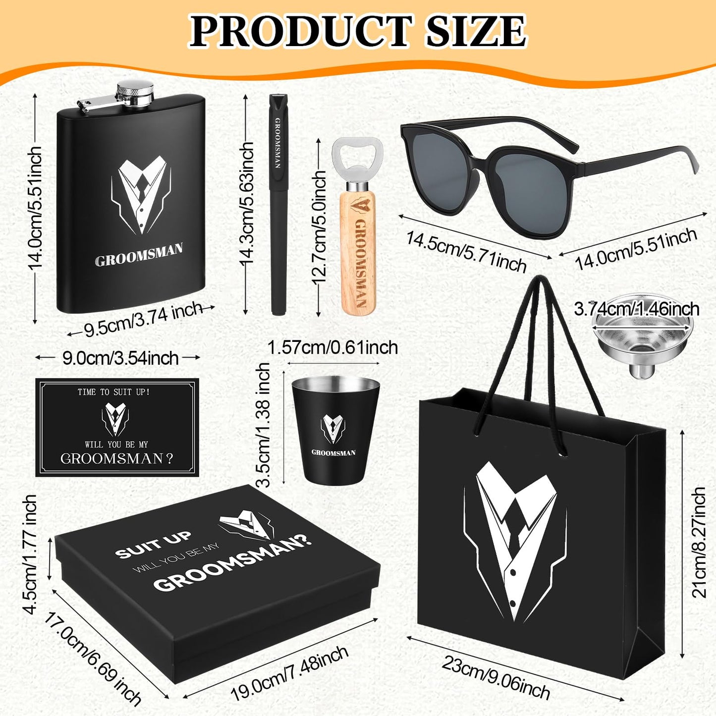 Layhit 9 Pcs Groomsmen Proposal Gifts Set of 1 Wedding Party Gift Including 1 Flask 2 Stainless Steel Shot Glass 1 Wood Bottle Opener 1 Pen 1 Sunglasses 1 Card 1 Box 1 Bag