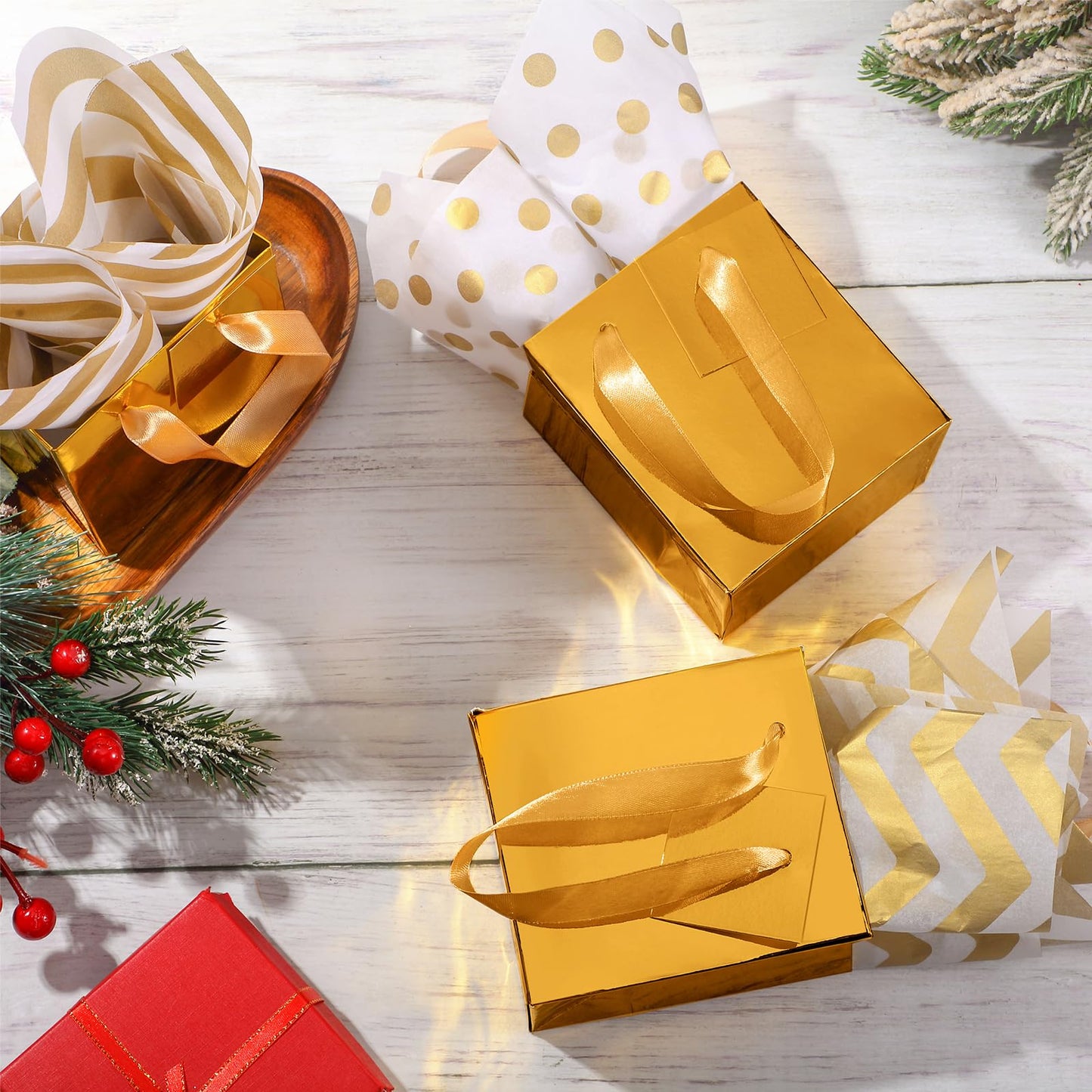 Tenare 12 Pcs Small Gift Bags Mini Paper Bags Bulk Tiny with Handle Tissue for Jewelry Gift Wrapping Father's Day Birthday Grad Graduation Party Supply(4 * 2.75 * 4.5inch,Gold)