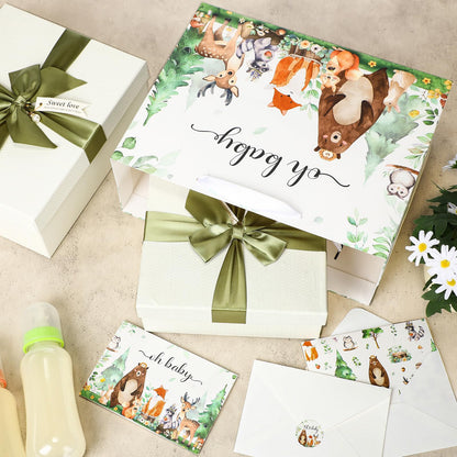 Buryeah 2 Pack 13" Large Baby Gift Bags with Tissue Paper Greeting Cards, Woodland Animal Paper Gift Wrap Bag with Handles and Envelopes for Baby Shower Birthday Party
