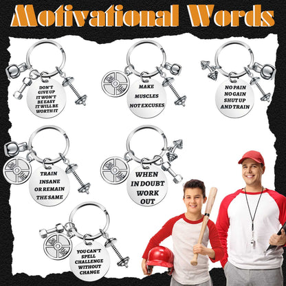 Yinkin 6 Pcs Fitness Gym Charm Keychains Stainless Steel Fitness Gifts with Quote Dumbbell Personal Trainer Workout Gifts for Women