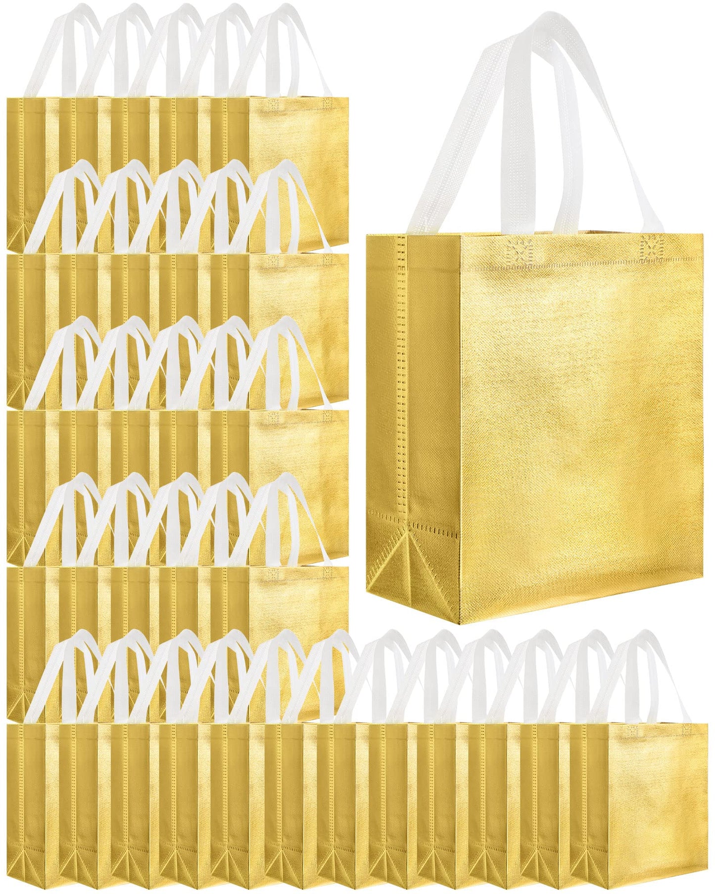 Eccliy 80 Pcs Reusable Gift Bags Set Glossy Grocery Gift Tote Bag with Hadnle for Wedding, Father's Day, Graduation, Summer Event (10 x 8 x 4.7 Inch,Gold)
