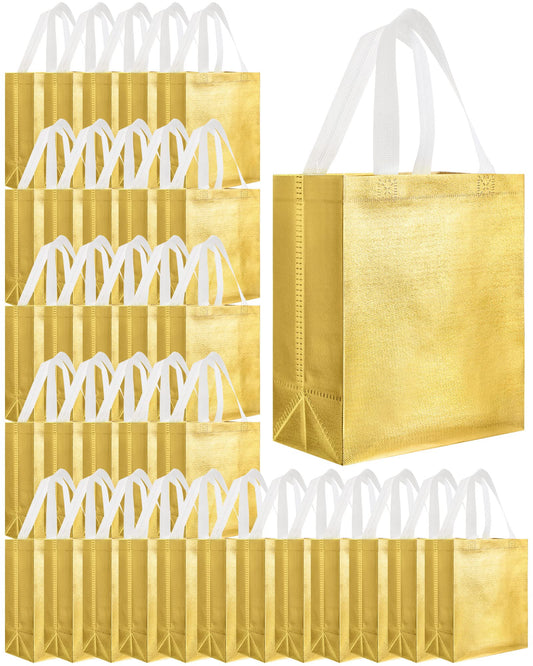 Eccliy 80 Pcs Reusable Gift Bags Set Glossy Grocery Gift Tote Bag with Hadnle for Wedding, Father's Day, Graduation, Summer Event (10 x 8 x 4.7 Inch,Gold)