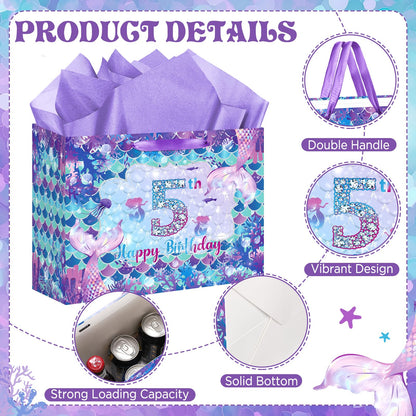 LUUFILx 5th Mermaid Birthday Gift Bag for Girls 5th Purple Mermaid Theme Birthday Wrapping Paper with Tissue Paper Greeting Card Purple Gift Bags with Ribbon Handle for Baby Shower Decor Supplies