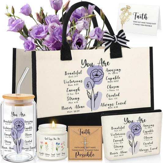6 Pcs Christian Gifts for Women Faith Set Mother's Day Religious Gift for Women with Tote Bag Makeup Bag Candle Cross Necklace Cup Greeting Card for Church Grad Birthday(You are,Purple)