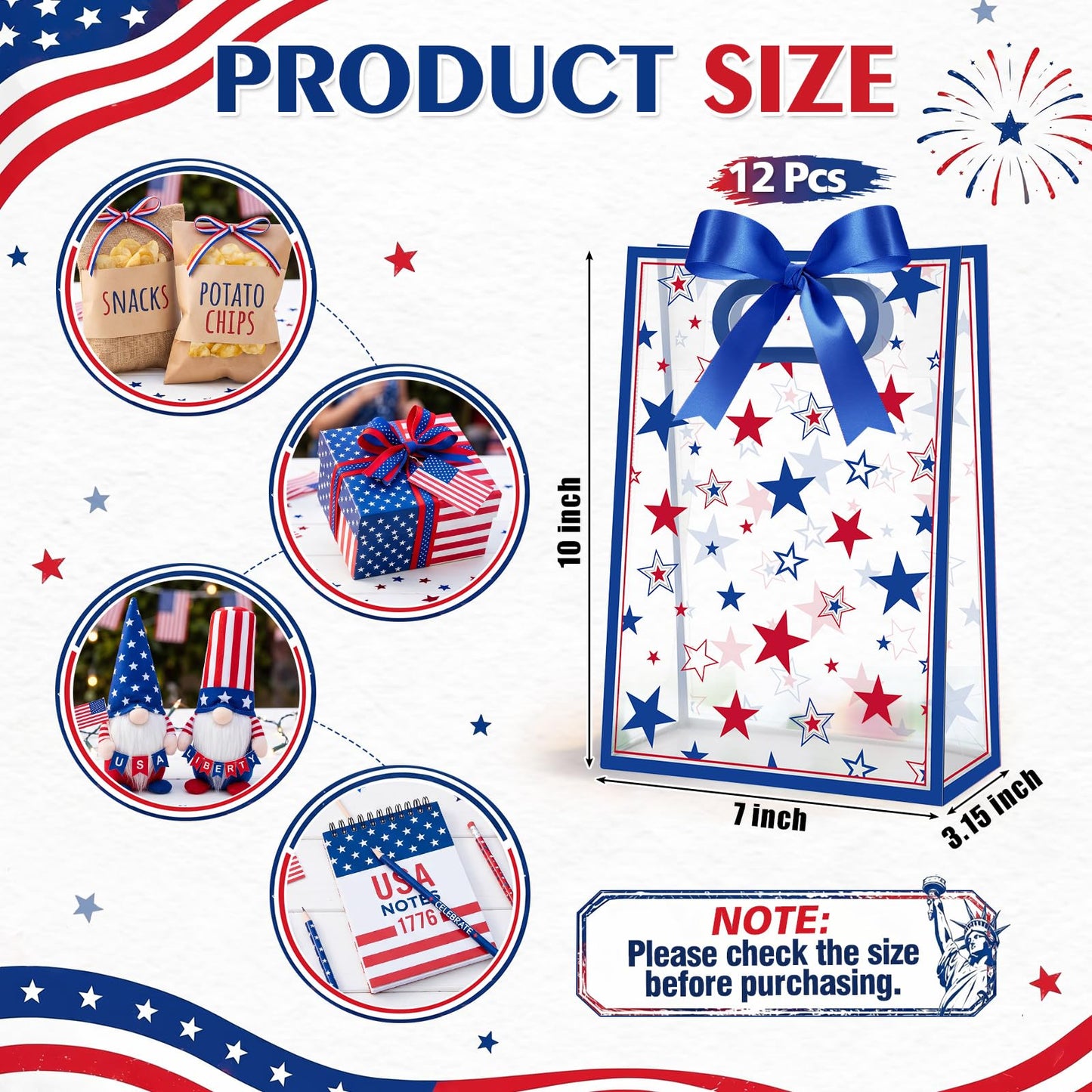 Aliceset 12 Pack Patriotic Clear Gift Bags with Handles Red White Blue Goodie Bags with Bow Ribbon Independence Day 4th of July Decor for USA Veterans Candy Snacks Treat Party Favor, 10x7x3.15''