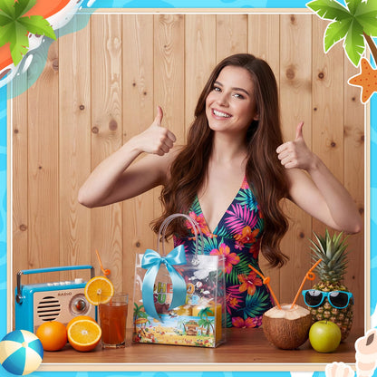 Tatuo 24 Pcs Hello Summer Gift Bags 7.9 x 3.2 x 7.9 Clear PVC Beach Bag with Handles Ribbon Bows Waterproof Goodie Candy Treat Tote for Summer Pool Beach Tropical Birthday Party Favors Supplies