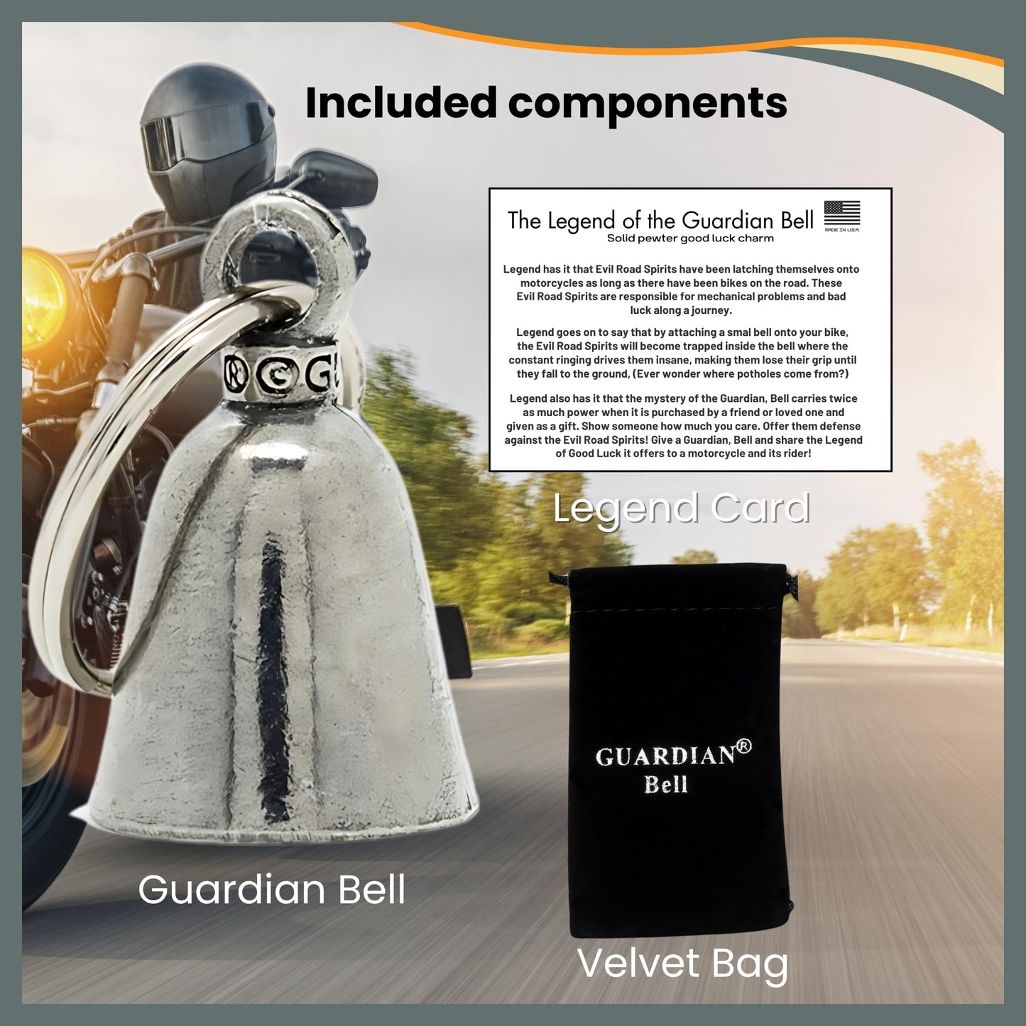 Guardian Bell Good Luck Bell w/Keyring & Black Velvet Bag | Motorcycle Bell | Lead-Free Pewter | Made in USA