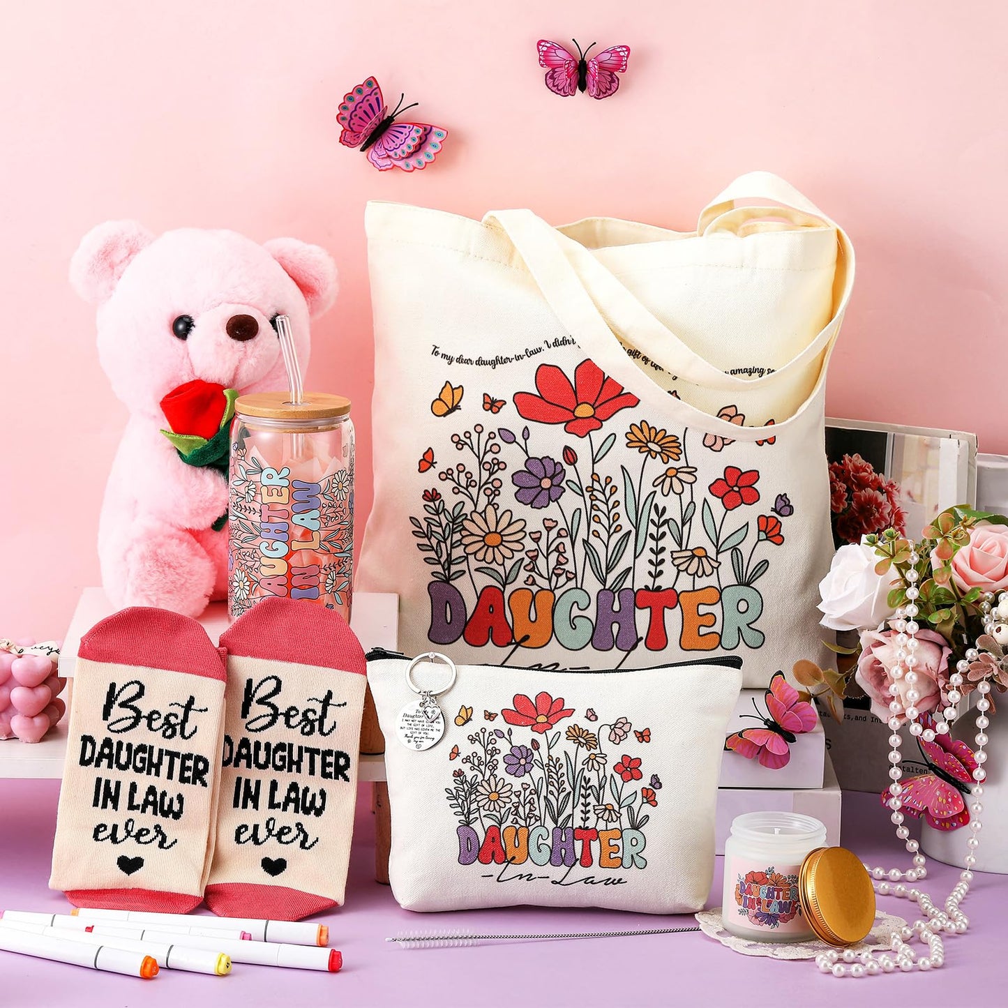 Funnymoom 6 Pcs Daughter in Law Gifts from Mother in Law with 17 oz Glass Cup Canvas Tote Bag for Birthday Wedding Gifts