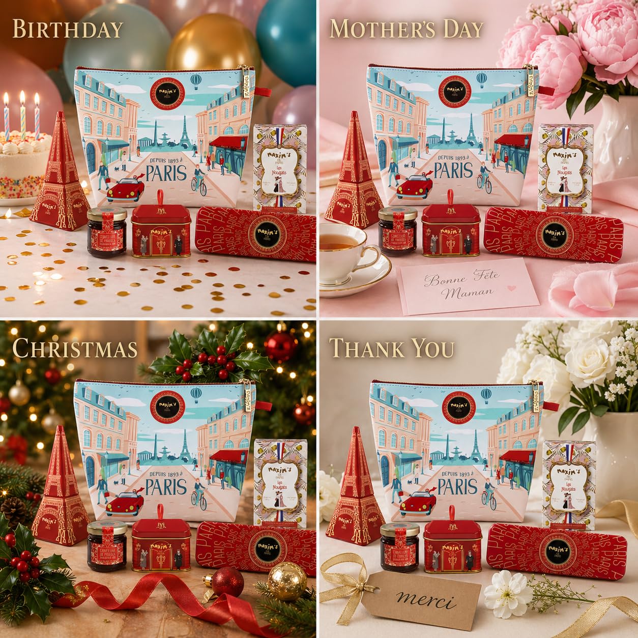 Maxim's de Paris French Gift Set - Bonjour Paris Pouch with Chocolate, Nougat, Strawberry Jam, Eiffel Tower Tin & Mini Collectible Tins | Premium French Gift Box, Made in France