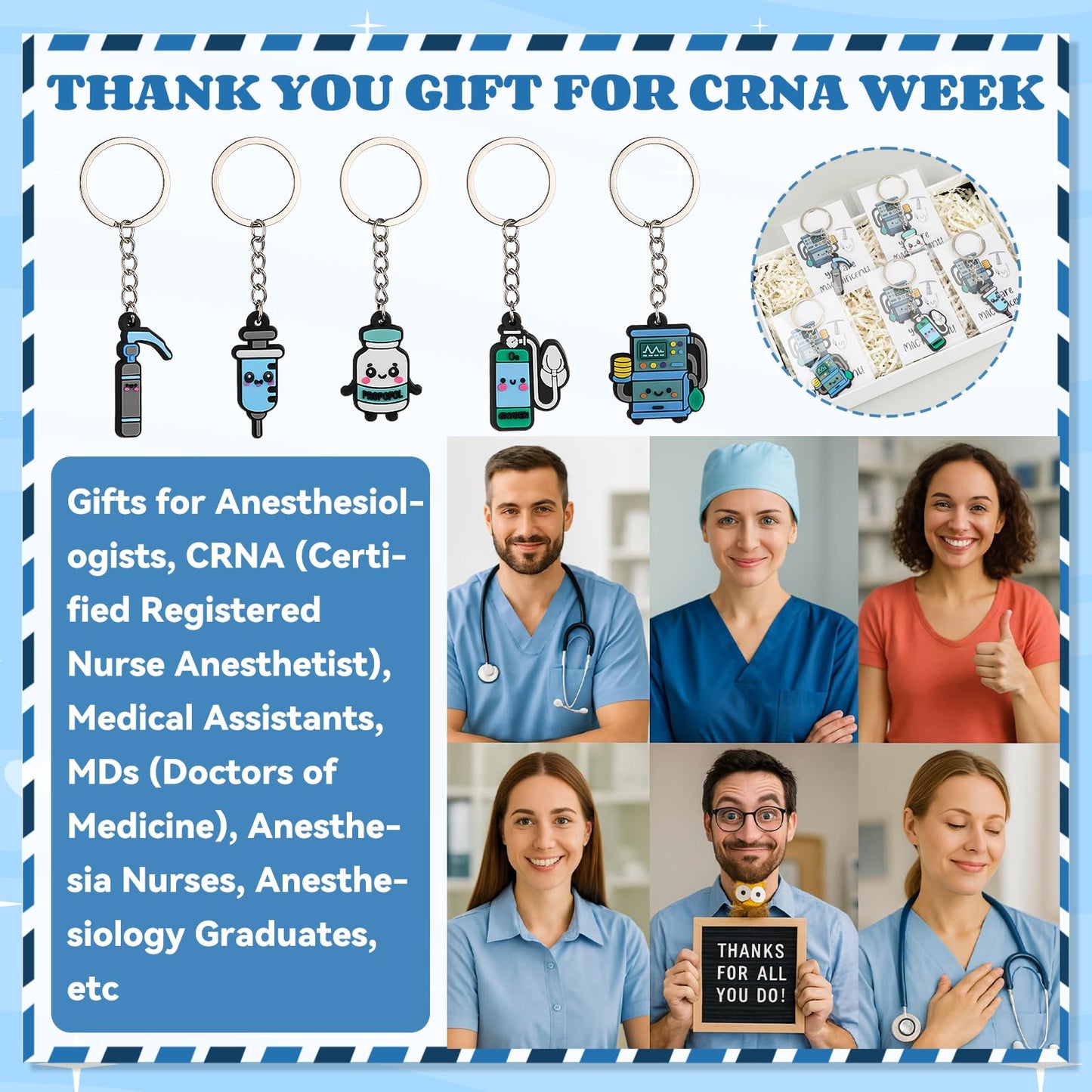 Nosiny 15 Sets Anesthesia Gifts Keychains with Appreciation Cards Thank You Gifts for Cna Crna Technicians Anesthesiologists