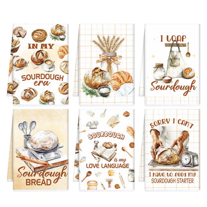 Funny Sourdough Baking Kitchen Towels, 6 PCS Tea Bread Kitchen Hand Towels, Absorbent Sour Dough Proofing Flour Sack Hand Dish Towel for Baking Lover Gifts Women Men Chef Tea Cloths Home Decor Gifts