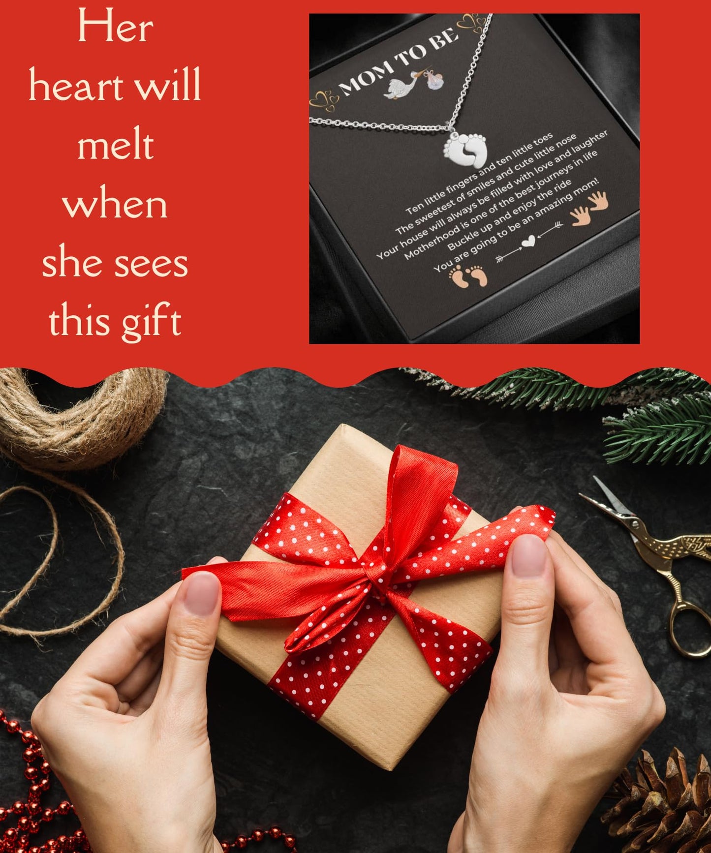 LOTUS-A Mom To Be Gift - Baby Feet Pendant Necklace with a Message Card Pregnancy Present for First Time Moms Expecting Women Pregnant Wife Sister Daughter Mother's Day Christmas Birthday