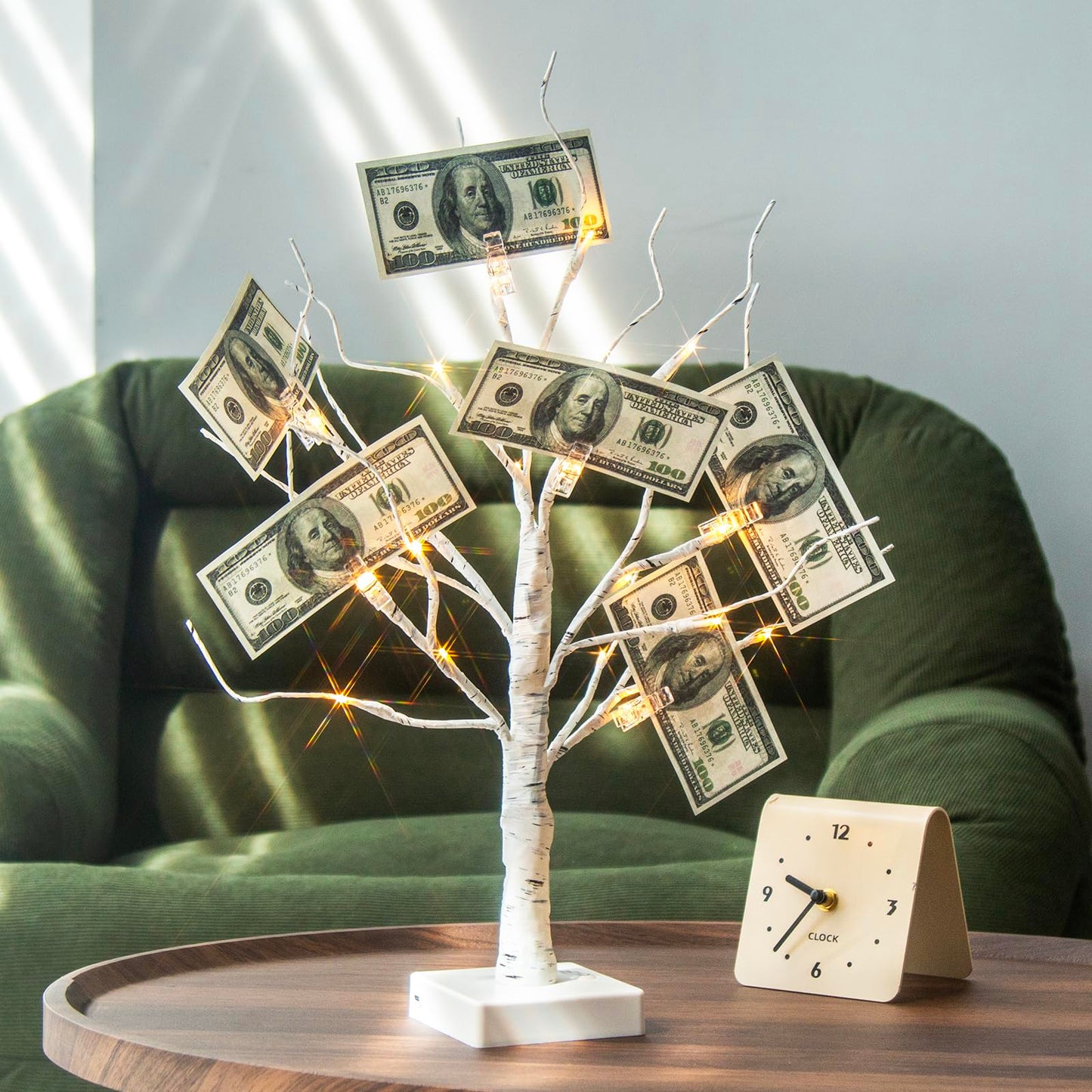 PABIPABI Money Tree Gift Holder, 24 LED Lighted Birch Tree with 12 Clear Clips, Battery/USB Powered Timer Display Tree for Christmas, Memo, Present Card, Photo, Wedding, Birthday Graduation