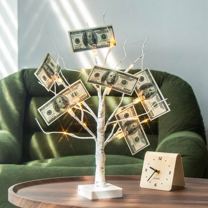 PABIPABI Money Tree Gift Holder, 24 LED Lighted Birch Tree with 12 Clear Clips, Battery/USB Powered Timer Display Tree for Christmas, Memo, Present Card, Photo, Wedding, Birthday Graduation
