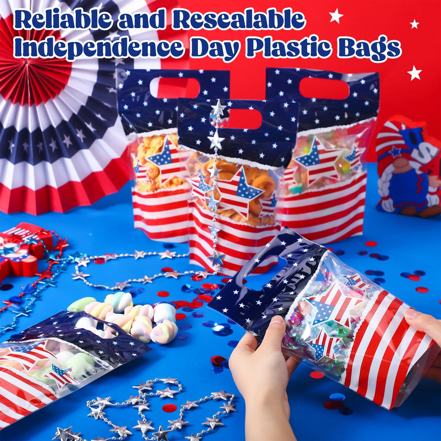 Fuutreo 50 Pcs 250th Anniversary Bags Patriotic Clear Sealed Pouches with Handles Resealable 4th of July Plastic Gift Bag for Independence Day Memorial Labor Day Candy Gift Wrap Supplies Decoration