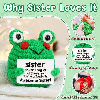 Sister Gifts for Mothers Day, Mother's Day Birthday Gift for Sisters from Brother, Soul Sisters Friend Gifts for Women Teen Girls Graduation Gift for Her, Mini Crochet Frog Affirmation Support Present