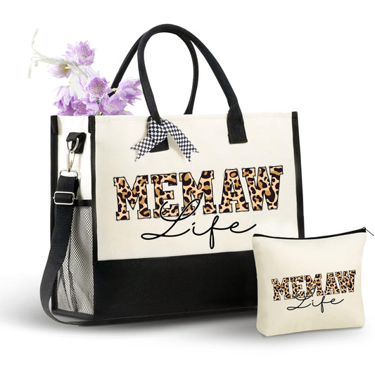 InnoBeta Memaw Gifts Canvas Tote Bag for Grandma, Memaw Life Bag with Top Zipper Closure and Shoulder Strap for Birthday, Mother's Day, Christmas