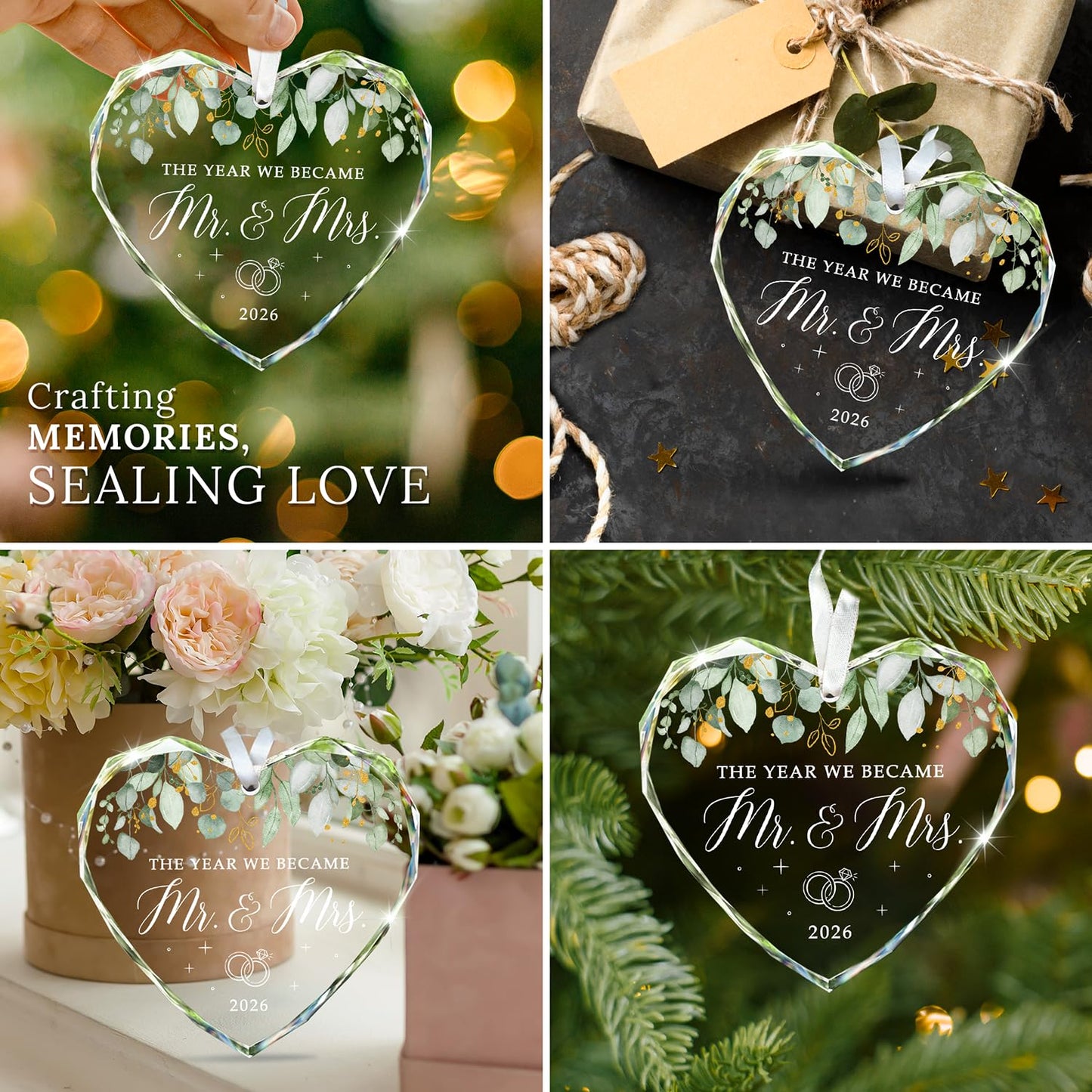 HEXMOZ Wedding Gifts for Couples 2026 - Mr and Mrs Gifts - Bridal Shower Gift, Wedding Ideas for Newly Wed, Bride, Future Mr Mrs - Just Married Glass Ornament 2026, 1st Married Couple Christmas Decor